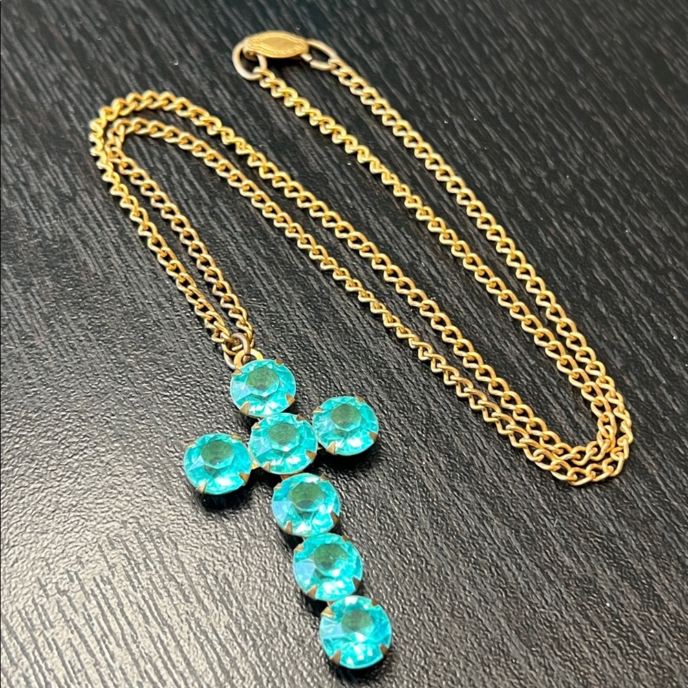 Antique Victorian Religious Aqua Blue Seafoam Paste Gem Gold Gilt Cross Necklace - Picture 3 of 9
